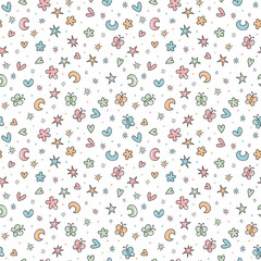 Cute seamless pattern with hand drawn cartoon elements for kids. Great for birthday, fabric, textile, cards. Background in scandinavian style