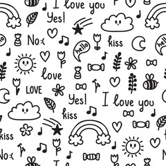 Hand drawn seamless pattern on love theme. Doodle, sketch. Design for valentine and wedding. Cute background