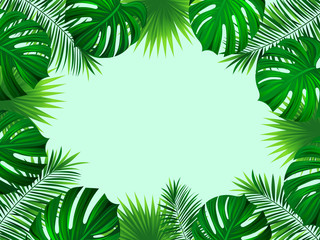 Fototapeta na wymiar Tropical frame with exotic jungle plants, palm leaves, monstera and place for your text. Folliage background. Vector tropic design.Trendy bright gradient colors. Travel, summer, holiday, vacation card