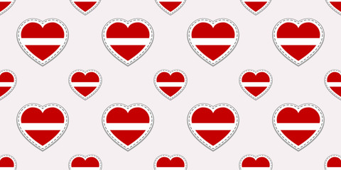 Latvia flag seamless pattern. Vector Latvian flags stickers. Love hearts symbol. Texture for language courses, sports pages, travel, school, geographic design elements. patriotic wallpaper