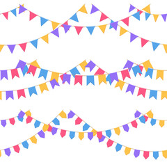 Obraz premium Set of garland with celebration flags chain, purple, pink, blue, yellow pennons with no background, footer and banner for celebration