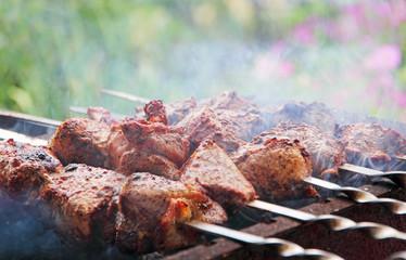 Appetizing shashlik is cooked on a barbecue.
