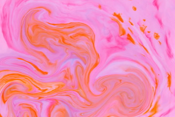 Orange pink abstract background, pink water droplets, multicolored pattern, food colors in milk, colored texture on water, blank for designer