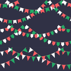 Set of garland with celebration flags chain, green, white, red pennons on dark background, footer and banner for celebration