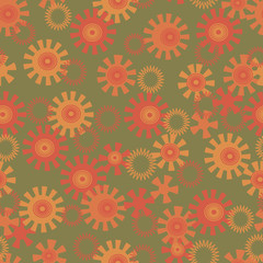 abstract background with circles and suns on green, seamless vector pattern