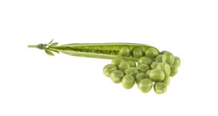 pods of green peas on isolated white background