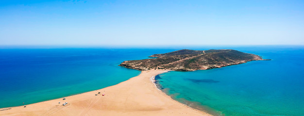 Aerial birds eye view drone photo Prasonisi on Rhodes island, Dodecanese, Greece. Panorama with...