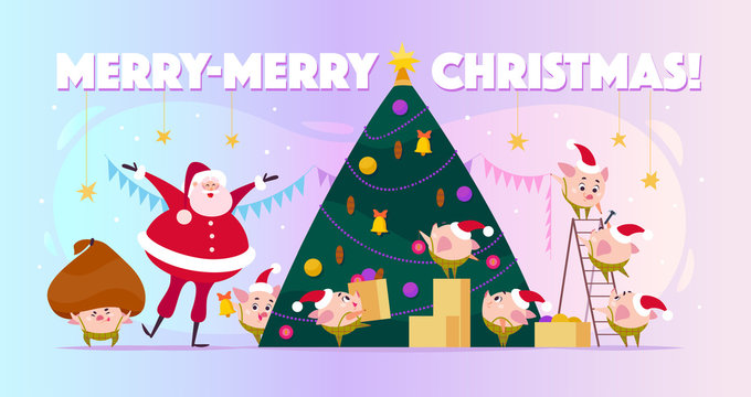 Vector Flat Illustration With Santa Claus Laugh And Little Round Pig Elf In Santa Hats Decorating Big Christmas Tree, Carry Boxes And Huge Bad. Cartoon Style. Perfect For Cards, Web, Backgrounds Etc.