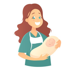 A smiling female doctor holds a newborn baby in her arms. Midwives. Vector illustration in cartoon style, isolated on white background.