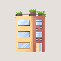 Townhouse with access to the roof. With plants on the roof, eco-logical, modern, with a lot of windows. Vector illustration isolated on gray background.