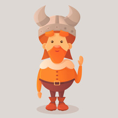 Cartoon cute dwarf viking in a large helmet with horns waving his hand. Pleasant, kind, in big boots, with a big red beard. Vector illustration isolated on a gray background.