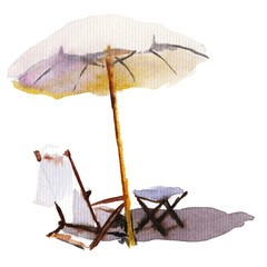 Watercolor, tropics. Beach umbrella. Base for design. Seascape.