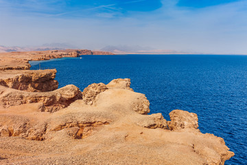 Red sea coast shore in the Ras Mohammed National Park. Famous travel destionation in desert. Sharm el Sheikh, Sinai Peninsula, Egypt.