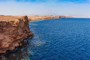 Red sea coast shore in the Ras Mohammed National Park. Famous travel destionation in desert. Sharm el Sheikh, Sinai Peninsula, Egypt.