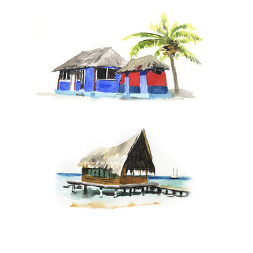 Watercolor, tropics. House on the water. Isolation on a white background