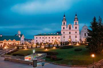 Minsk, Belarus. Night Illuminated View Of Cathedral Of Holy Spirit In Minsk