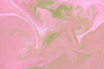 Pink green holographic background, pink water droplets, multicolored pattern, food colors in milk, color texture on the water, blank for the designer