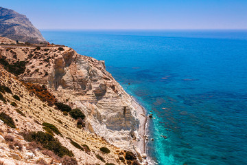 Panoramic landscape Petra tou Romiou (The rock of the Greek), Aphrodite's legendary birthplace in Paphos, Cyprus island, Mediterranean Sea. Amazing blue green sea and sunny day.