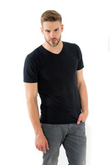 Confident in his style. Man with bristle confident strict face isolated white background. Man...