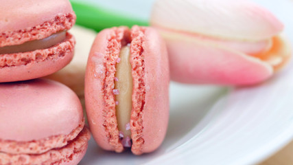 Obraz na płótnie Canvas Macro close up of colourful macaron cookies.