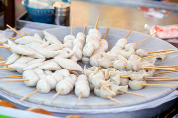 Fototapeta na wymiar meat balls and sausages steamed, thai street food.