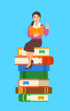 Young asian woman teacher reads open book sitting on stack of giant books. School education concept. Vector cartoon illustration. Clever expert shares knowledge.