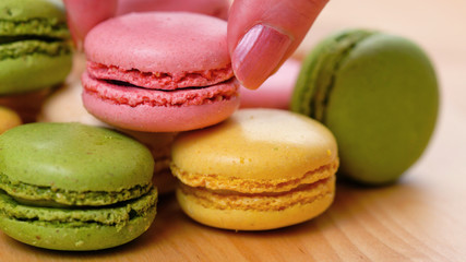 Macro close up of colourful macaron cookies.