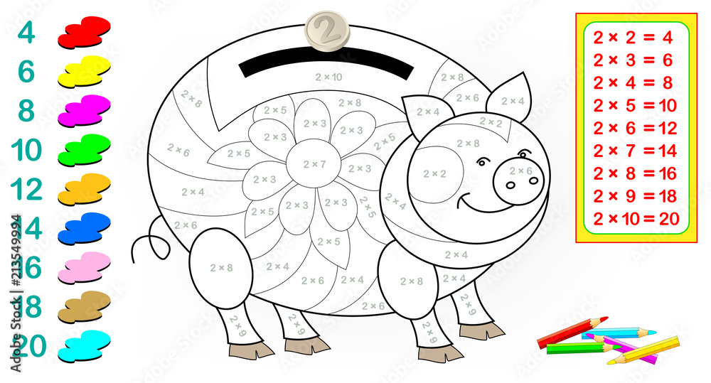 Wall mural worksheet with exercises for children with multiplication by two. need to solve examples and paint t