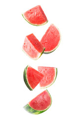  Sliced falling watermelon isolated on white background