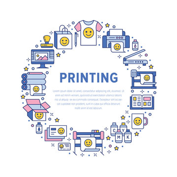 Printing house circle poster with flat line icons. Print shop equipment - printer, scanner, offset machine, plotter, brochure, rubber stamp. Polygraphy office signs, typography.