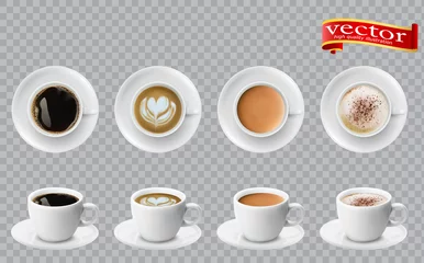 Fotobehang Koffie 3D-realistische verschillende soorten koffie in witte kopjes uitzicht vanaf de boven- en zijkant. Cappuccino latte americano espresso cacao
