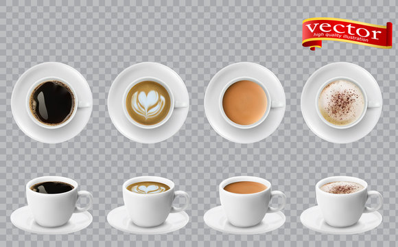 3d realistic different sorts of coffee in white cups view from the top and side. Cappuccino latte americano espresso cocoa