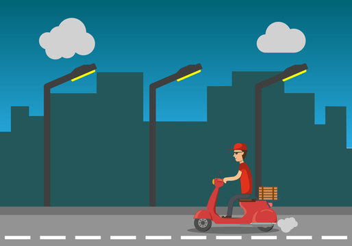 Pizza Delivery Service At Night. The Guy On A Scoop Delivers A Pizza. The Boy Quickly And Free Of Charge Delivers Food On A Scooter. Vector Illustration