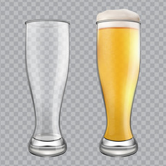 Two beer glasses. One empty mug and one full mug.