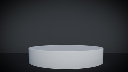 Vignette version of 3D minimalist round exhibition podium in grey studio environment.