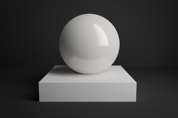 3D minimalist modern decoration white marble ceramic ball sphere on square podium in dark studio
