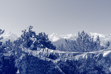 Tibetan prayer flags among trees with Meili Xue Shan mountain range on the background in Deqin town, Yunnan province, China. Black and white photography