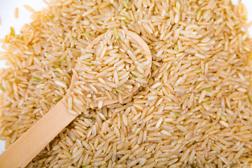 Brown Rice from Close Above with Wood Spoon