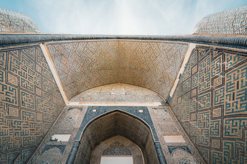 Entrance gate to Bibi Khanum Mosque in Samarkand Uzbekistan
