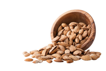 Almond nuts with shell in a wood bowl Isolated on white