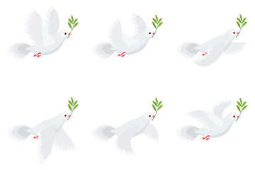 Illustration of flying dove holding olive branch animation sprite sheet isolated on white background  - obrazy, fototapety, plakaty