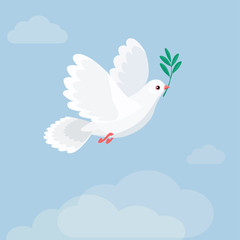 Illustration of flying white dove holding olive branch. Flat style 