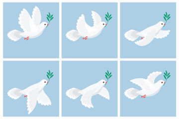 Illustration of flying white dove holding olive branch animation sprite sheet 