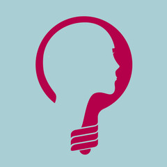 Light bulb concept design, combination of light bulb and human head. Isolated on blue background.