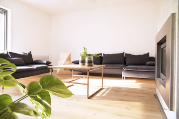 Stylish scandinavian interior with design sofa, wooden table and fireplace. Bright and sunny room with plants and brown wooden floor.