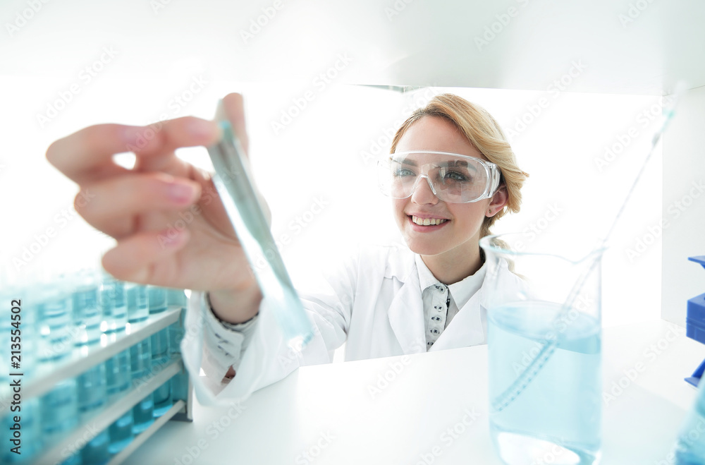 Wall mural closeup.portrait of doctor biologist in the lab.