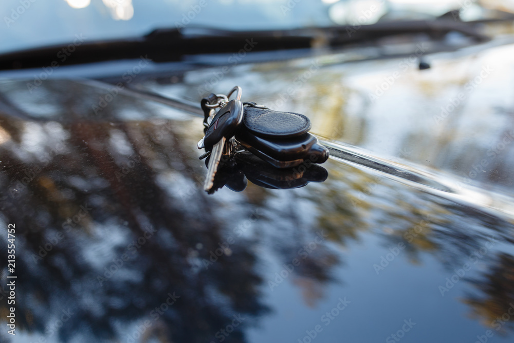 Wall mural Keys with immobilizer on the hood of the car against the window. Beautiful summer light and sun. The hood reflects the sunset and the sun's rays with the scenery of nature