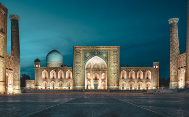 View to Registan Square at Night in Samarkand Uzbekistan