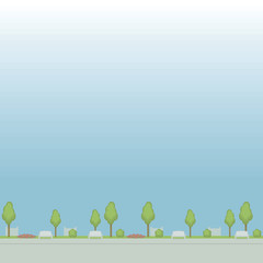 Seamless vector pattern of curb park street painted trees of a flowerbed of flowerbeds fence on a blue background.