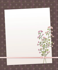 note white paper on a dark brown background with vertical and horizontal stripes and round circles pink mother-of-pearl line bow with small pink flowers on the right retro vector